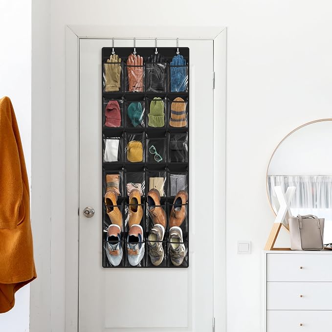 Simple Houseware 24 Pockets Large Clear Over the Door Shoe Organizer, Black | 56" x 22.5", 4 Durable Metal Hooks, 5" x 9" Pocket Size, Multipurpose