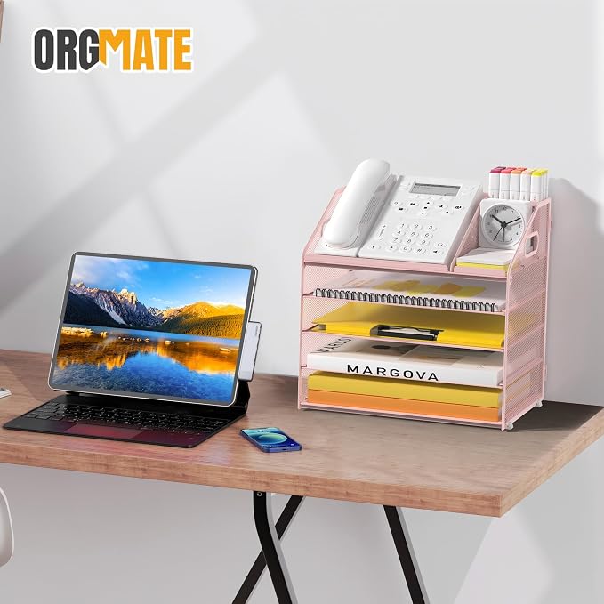 5 Tier Mesh Desk Organizer with Pen Holder and Handle Letter Tray | Metal desktop document shelf and paper sorter. Premium mesh workspace storage for office, home, and classroom