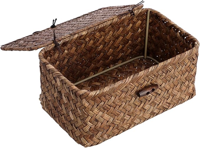 Hipiwe Handwoven Wicker Basket with Lid Small Desktop Seagrass Organizer | Decorative Basekt Boxes Bin for Remote Control Keys Candy, Coffee Color 7.0"L x 4.3"W x 3.3"H