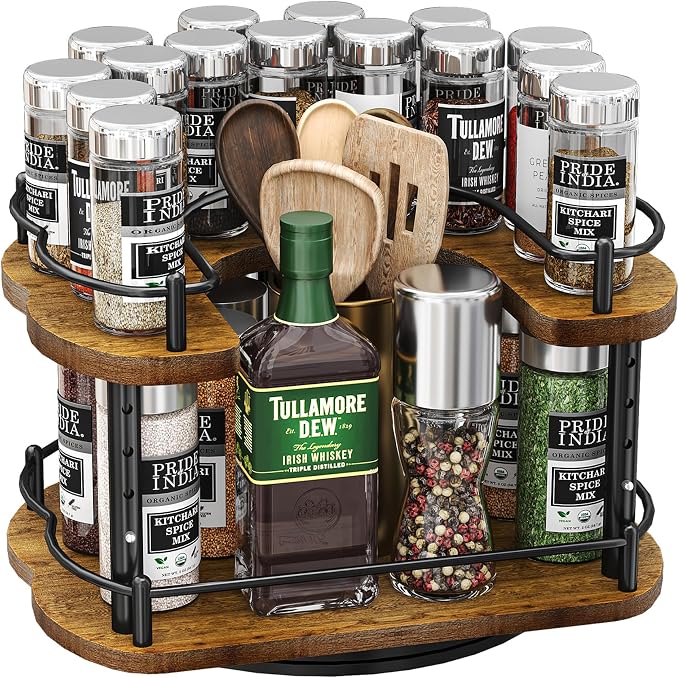 Lazy Susan Organizer Spice Rack - Spice Organization for Cabinet Height Adjustable Rotating Lazy Turntable, Pantry Kitchen Wood Revolving Seasoning Organizer (Vintage, 12 Inch)
