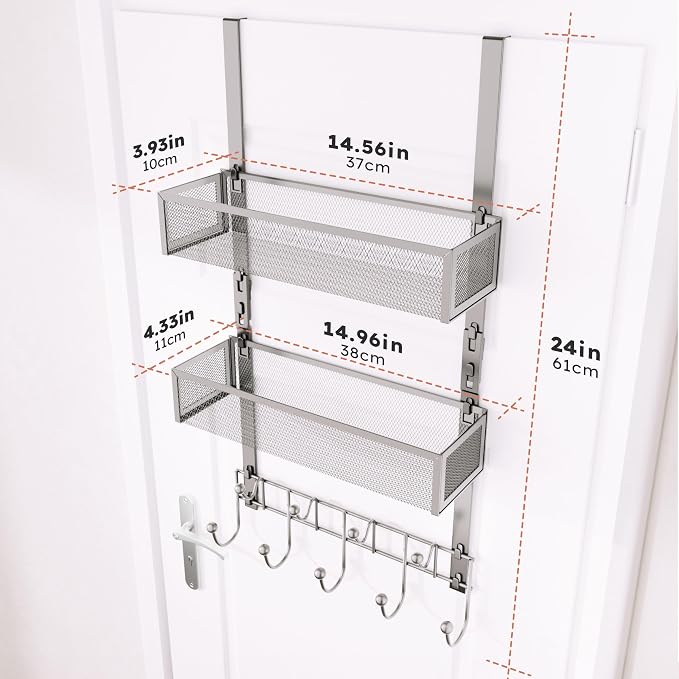 Consumest Over The Door Hooks Organizer - 3 Tier Door Hanger with 9 Coat Hooks & 2 Mesh Basket, Back Storage Organizer Hanging Towels for Bathroom, Bedroom, Sand Nickel