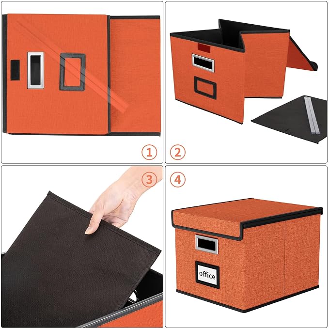 File Organizer Box with Lids, Collapsible File Folder Organizer | File Box with Plastic Slides for Document, Filing Bin for Letter Size Hanging File Folders (1 Pack, Reddish Organge)