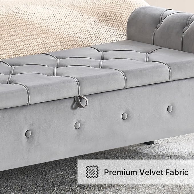 Storage Bench 67" Velvet End of Bed Benches Light Grey | King Size Storage Bench for Bedroom with Rolled Arms Tufted Ottoman Benches Upholstered Bench for Living Room Entryway