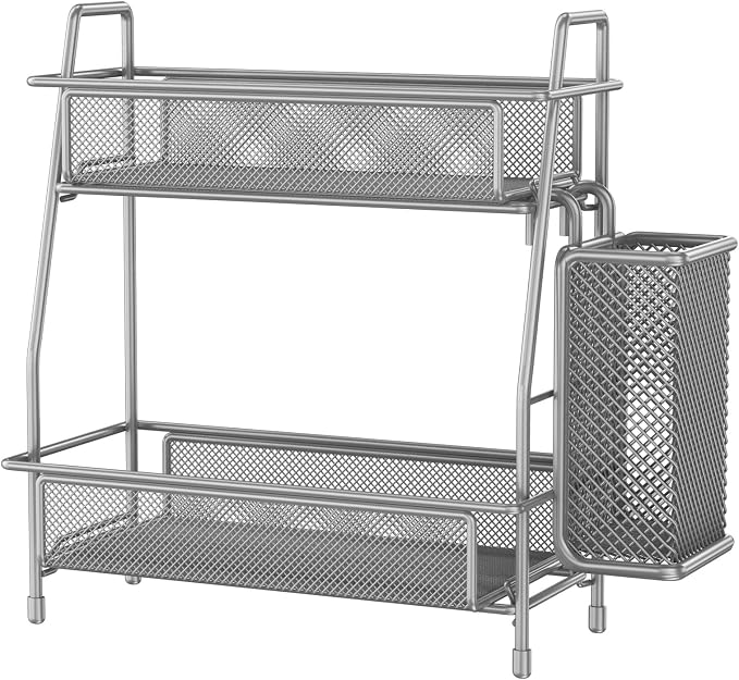 Spice Rack Organizer for Kitchen Counter, Spices Organizer and Storage Seasoning Organizer for Cabinet, Kitchen Metal Countertop Organizer with Side Basket (Grey)