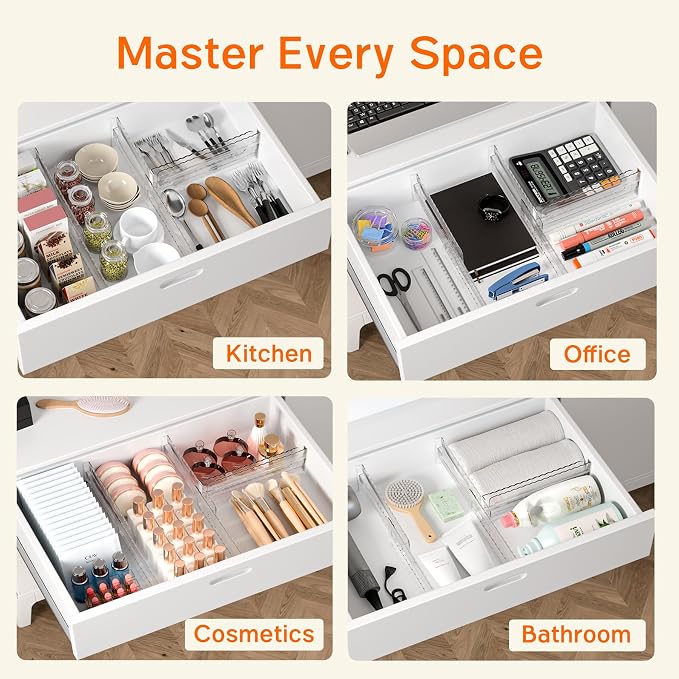 8 Pack 4" High Drawer Dividers for Clothes, 10.2"-16.5" Expandable Dresser Drawer Organizers, Adjustable Plastic Clear Drawer Separators for Kitchen, Baby Clothing, Socks, Underwear, Bedroom