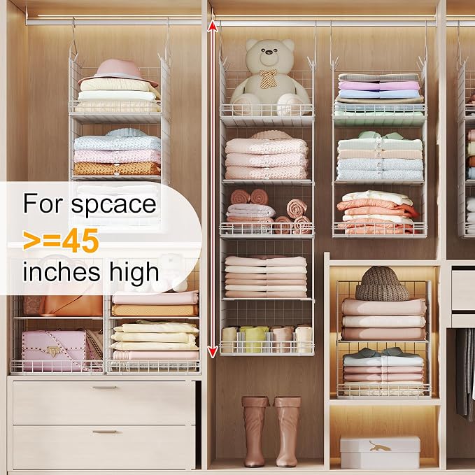 Yuyetuyo 5 Tier Hanging Closet Organizer Separable Hanging Closet Shelves with 4 Hooks 2 Adjustable Dividers, Wire Storage Basket Bins for Clothing Sweaters Socks Dolls Handbags, Foldable