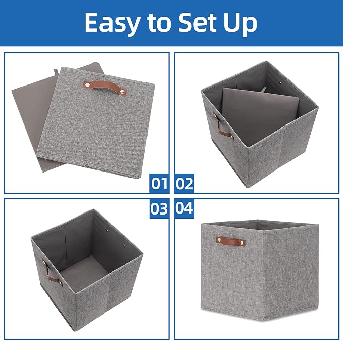 Temary Fabric Storage Cubes - 13 x 13 Collapsible Bins with Handles for Home Organization (Gray)