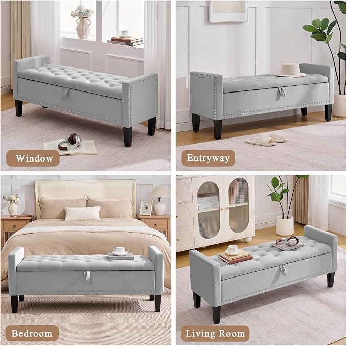51" Storage Ottoman Bench, Velvet Large End of Bed Bench with Arms, Modern Storage Bench for Living Room, Bedroom, Entryway, Window, Holds up to 500 lb