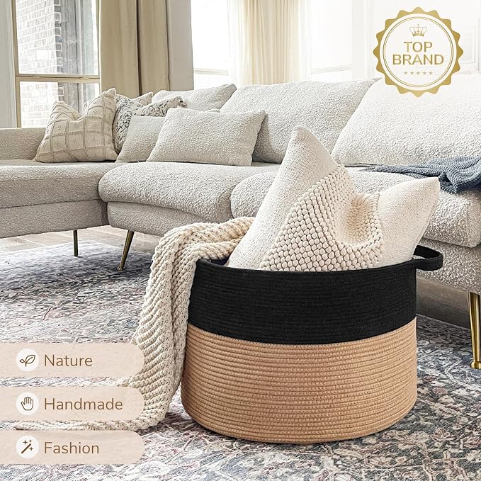 INDRESSME XXXLarge Woven Rope Blanket Basket Living Room Black Camel, 90L | 21.7" x 13.8" Storage baskets for toys laundry & pillows. Fits living room, bedroom or nursery décor. Soft-touch with handles