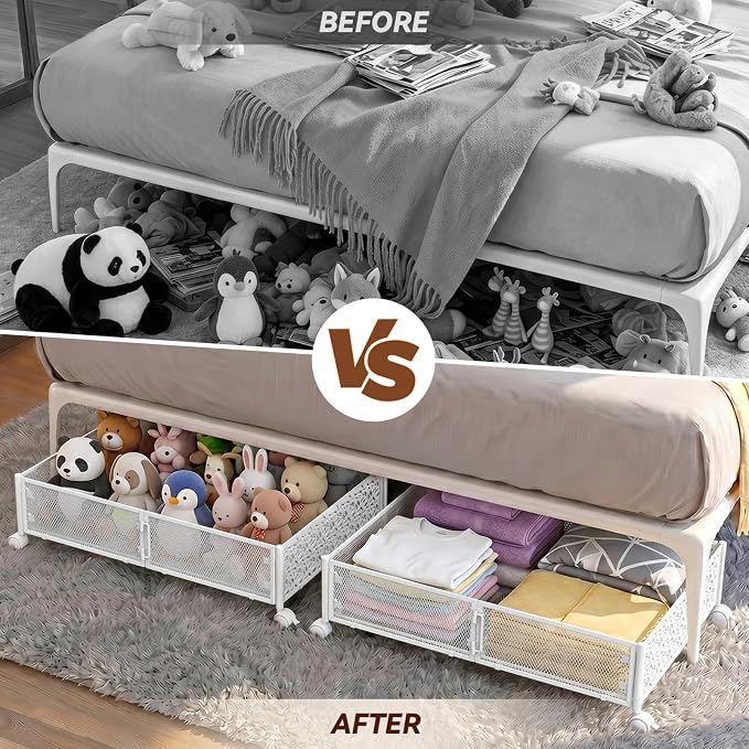 PHINOX Under Bed Storage with Wheels,Patterned,Sturdy Metal,2 Pack,White | Tool-free assembly, glide smoothly, easy reach, foldable, maxmazie low-profile beds, dorm, keep seasonal clothes, shoes fresh