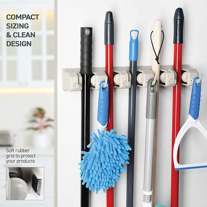 HOME IT Broom and Mop Holder Wall Mount – Heavy Duty Garage Organizer with 5 Slots & 6 Hooks, 7.5lbs Capacity Per Slot - Easy Install Storage Rack for Home, Kitchen, Laundry Room & Garden - Off-White