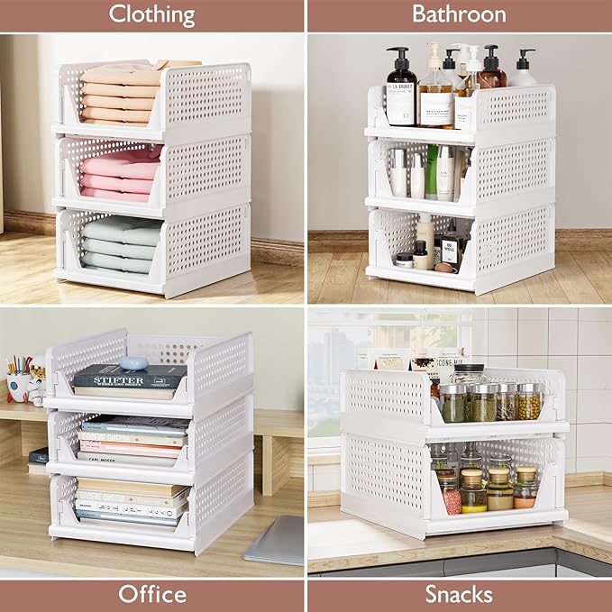 CTSNSLH 5 Pack Closet Organizers Stackable Storage Box | White Stackable Plastic Drawer Bins for Closets, Wardrobes, Kitchens, Bathrooms, Offices