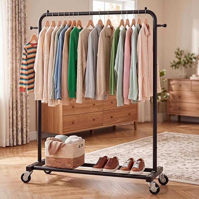Sywhitta Metal Clothing Rack on Wheels with Bottom Shelf, for Clothes,Black | Rolling Garment Rack for Hanging Clothes, Coats, Skirts, 39.76" L x 16" W x 63.78" H,Space-Saving Mobile Organizer for Closet