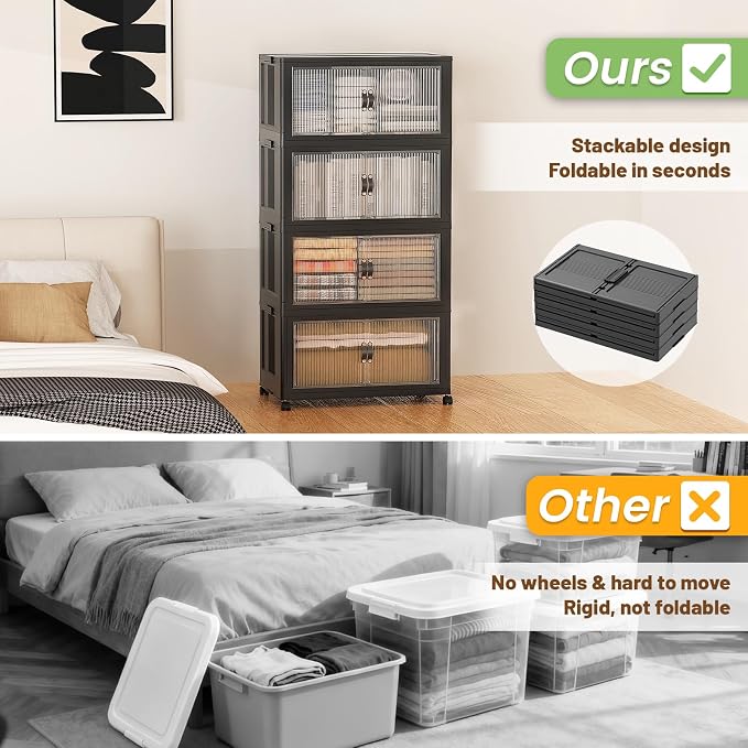 SAILUN 260Qt Stackable Storage Bins Folding Collapsible Storage Bins with Lid, Closet Organizers and Storage Box with Door Black 22" W x 13" D x 50" H
