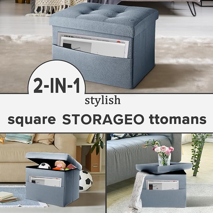 LINMAGCO Storage Ottoman Folding Foot Stool Ottoman with Side Pocket Modern Short Sofa Stool Linen Cloth 17x13x13(FogBlue)