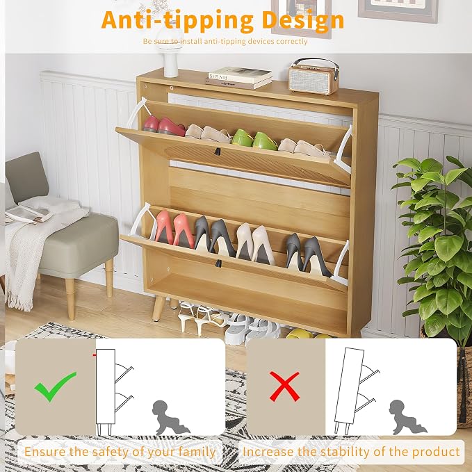 Fsbecl Shoe Storage Cabinet for Entryway with 2 Flip Drawers, Narrow Wood Shoe Cabinet with Fluted Panel, Freestanding Hidden Shoe Organizer for Hallway