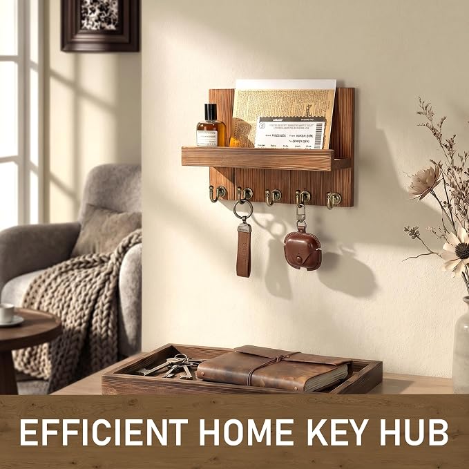 Rebee Vision Key Holder Wall Mount with Shelf for Entryway, Retro Brown | 3.54" x 10" x 7.28", 5 Key Hooks, Pine Wood, Key Holder for Wall for Home Decor, Mail Organizer, Home Organizaition