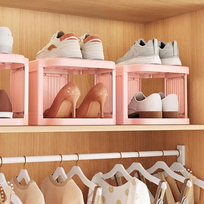 Kitstorack 8-Tier Vertical Plastic Shoe Rack, Freestanding Stackable Shoe Storage Organizer Cubes Shoe Shelf Tower or Small Closets and Tight Spaces, Pink
