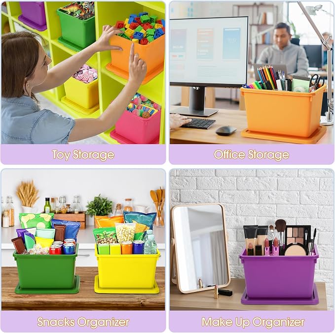 Potchen 6 Pack Small Stackable Storage Bins with Lids Plastic Storage Boxes for Classroom 9.8" ×7.3" ×5.7" Decorative Organizer Bins for Craft Art Office Teacher Supplies (Colorful)