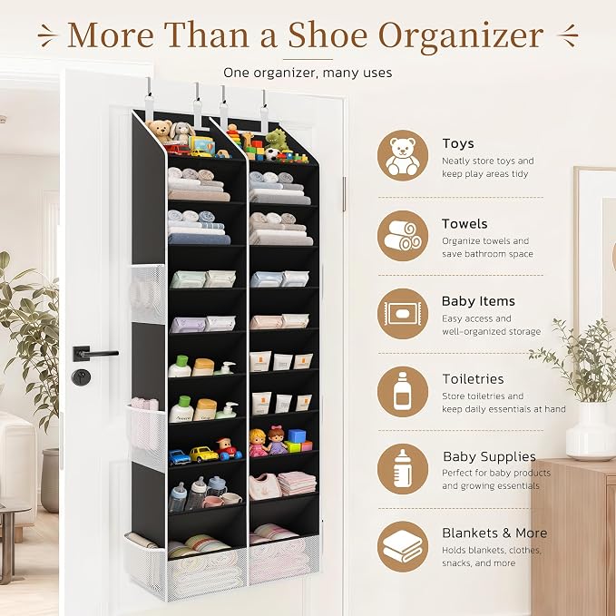 Over the Door Shoe Organizer, 20-30 Pairs Heavy-Duty Hanging Shoe Storage with Large Pockets, 10-Tier Door Shoe Rack with 4 Hooks for Sneakers Sandals Heels Boots (Black)