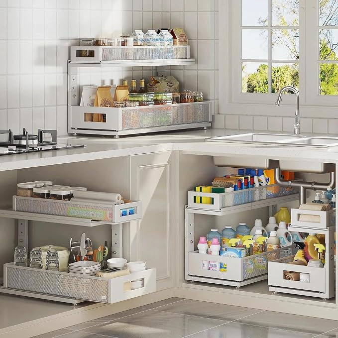 2 Pack 21.3IN-Depth Under Sink Organizer With Next-Gen Ball-Bearing Slides,2-Tier Pull Out Cabinet Storage,Height Adjustable Drawer Shelf for Bathroom,Kitchen,Laundry,Cabinet,Pantry-White
