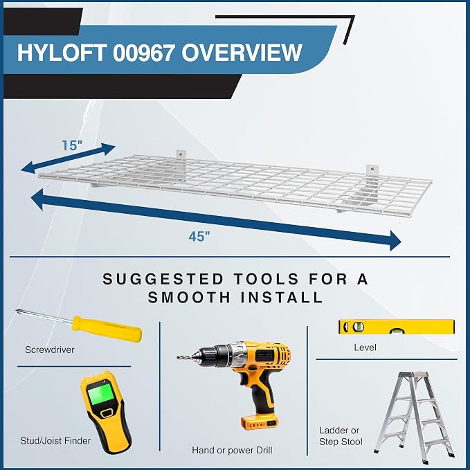 Hyloft 00967 2-Pack Heavy Duty Steel Garage Shelving, 45”x 15” Wall Mounted Shelve,Max Shelf Load 200 Pounds, White Powder Coated