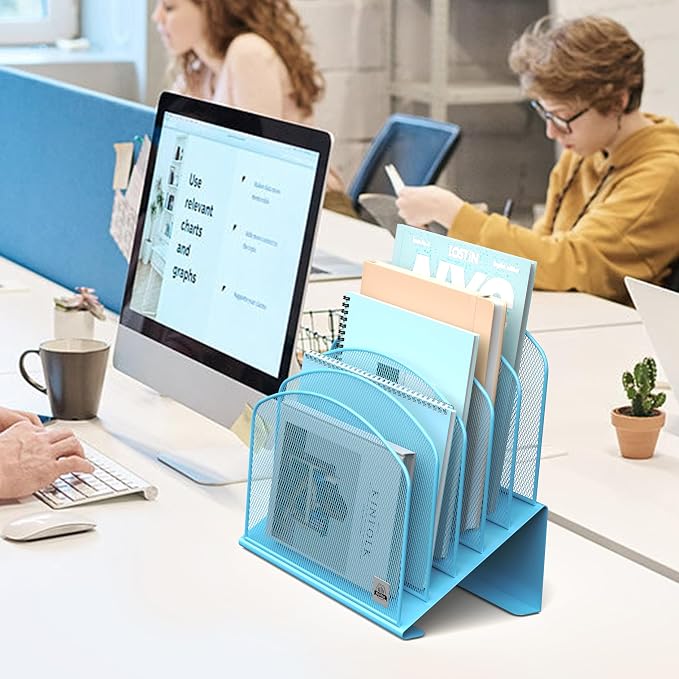 Delifox Inclined Desk File Organizer,Vertical File Folder Holder Stand Metal Rack File Sorter for Office Classroom Desktop Organization (1, Blue, 5)