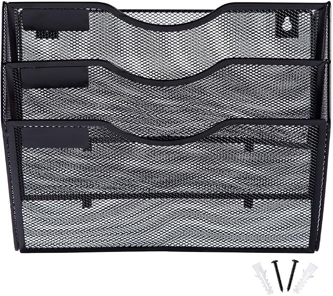 EASEPRES 3 Pocket Mesh Hanging Wall File Organizer, Wall Mounted Mail Paper Document Folder Holder, Clipboard Storage Organization Magazine Rack with Nametag Label for Office Home School, Black