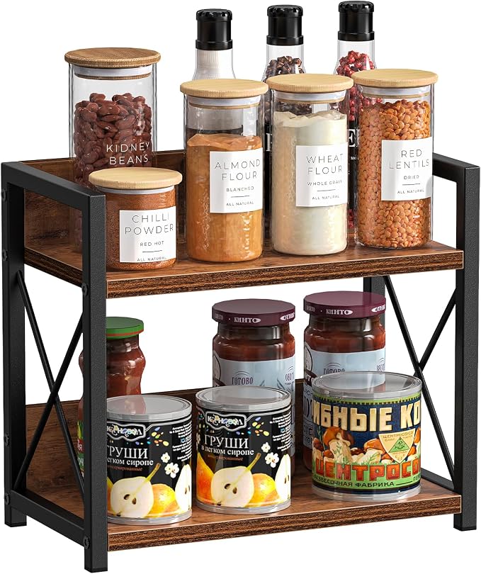 Giikin Countertop Shelf Organizer, 2 Tier Kitchen Spice Rack for Countertop, Wood Coffee Counter Shelf Organizer for Home (Brown, S)