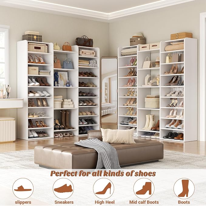 Unikito 14-Tier Wood Shoe Cabinet Storage Organizer with Cubbies, White | Freestanding Shoe Rack Shelf Featuring 22 Open Slots for Entryway, Front Door Entrance, Hallway, Living Room, Bedroom