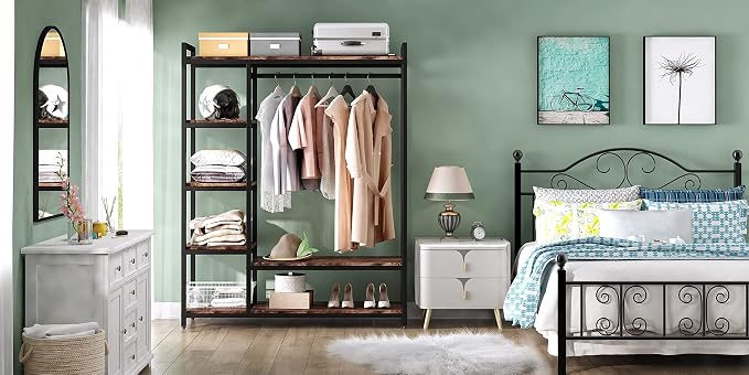 LITTLE TREE Free Standing Wood Closet Clothes Rack,Heavy Duty Grament Rack with Shelves,Hanging Racks for Clothes Clothing Rack for Bedrom,Wardrobe Closet Organizer,350 lb Capacity,Rustic
