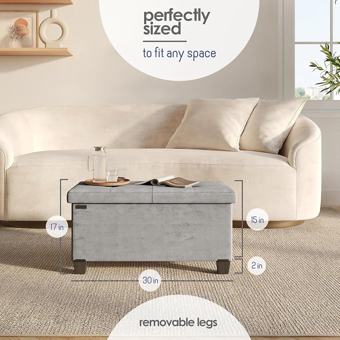 Storage Ottoman Bench with Bins, 30-in Storage Bench for Bedroom End of Bed, Folding Foot Rest Ottoman for Living Room Max 660lbs, Velvet Ottomans, Light Grey