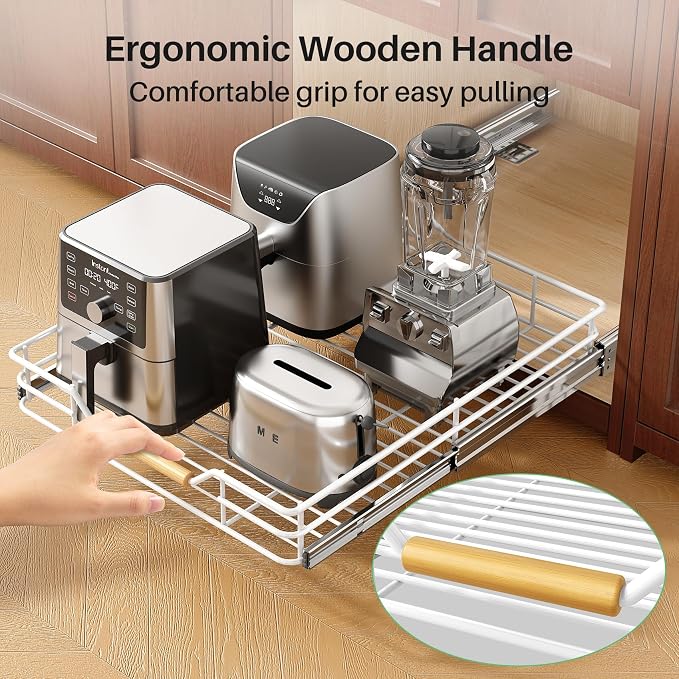 Pull out Cabinet Organizer, 12"W X 21"D, Heavy Duty Smooth Sliding Under Cabinet Shelves for Pots and Pans, Full-Extension Roll out Drawers, Slide out Organization for Home Kitchen Pantry, White