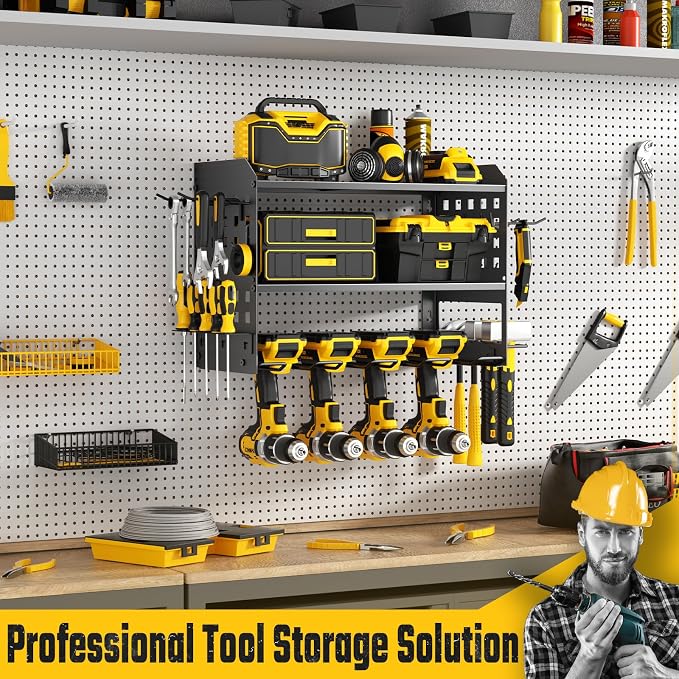 SUNALLY Power Tool Organizer, Wall Mount Garage Tools Storage Rack, Black | Metal Tool Storage Rack with 4 Drill Holders, Heavy Duty Power Tool Shelf for Garage,Warehouse,Workshop, Gift for Men,Husband