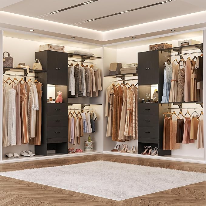 Armocity 96 Inches Closet System with Doors, 8FT Walk In Closet Organizer with 3 Shelving Towers, Heavy Duty Clothes Garment Rack with 3 Wood Drawers, 96" L x 16" W x 80" H, Max Load 1000 LBS, Black