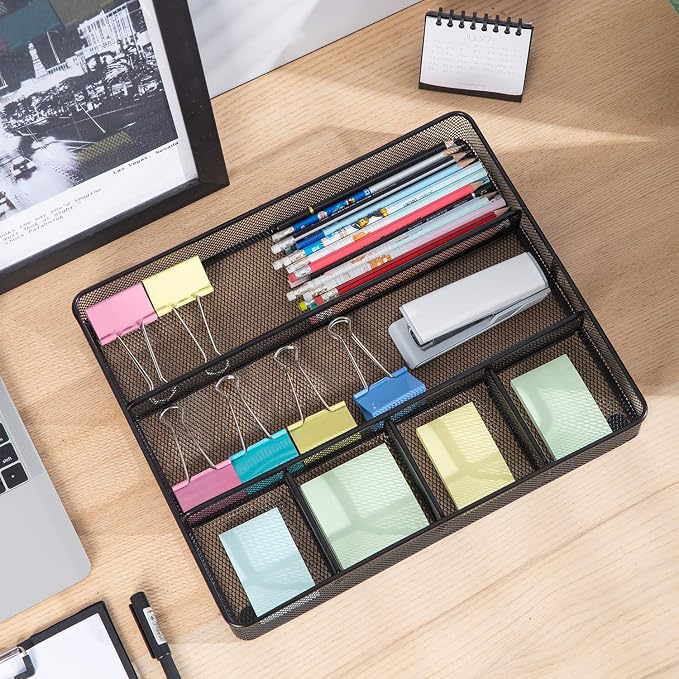 Amazon Basics Metal Mesh Desk Organizer with 6 Compartments, Anti-Slip Pen Holder Storage Tray for Office Supplies and Home, Black