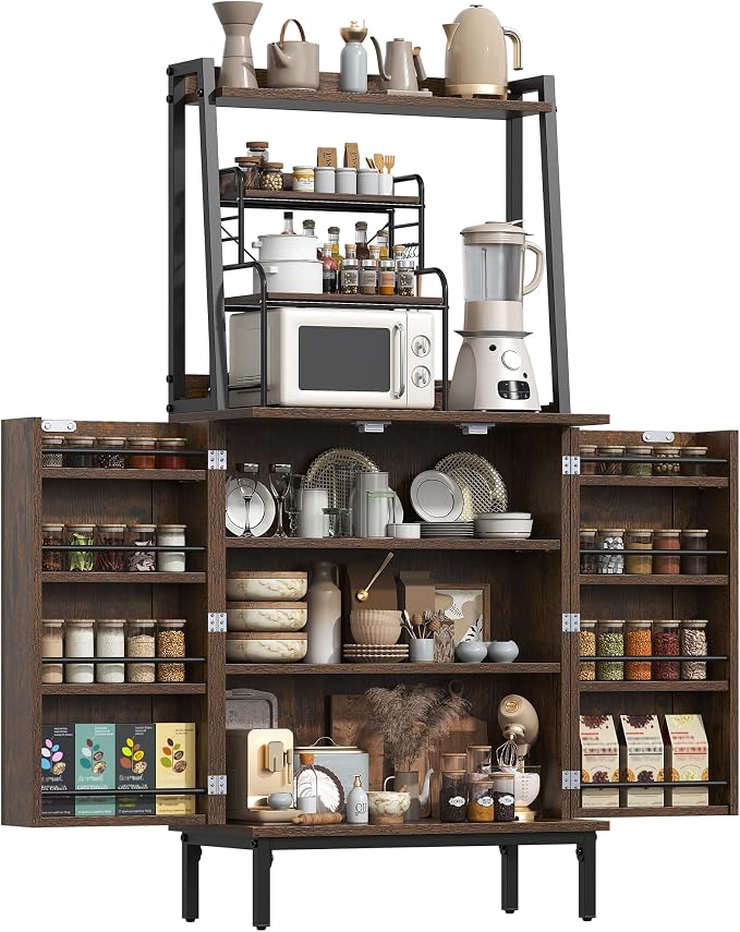 kepptory 51" Kitchen Baker's Rack with Storage, Microwave & Toaster Oven Stand, Freestanding Coffee Bar Station with Wine Glass Holder & Side Storage Shelves, Brown
