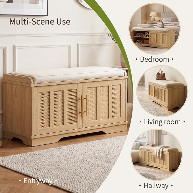 Heybly Shoe Cabinet with Bench, Rattan Storage Bench with Cushion, HSB001N | Entryway Shoe Storage Bench with 2 Doors, Adjustable Shelves, 31.5" Wooden Shoe Bench for Living Room, Hallway, Natural