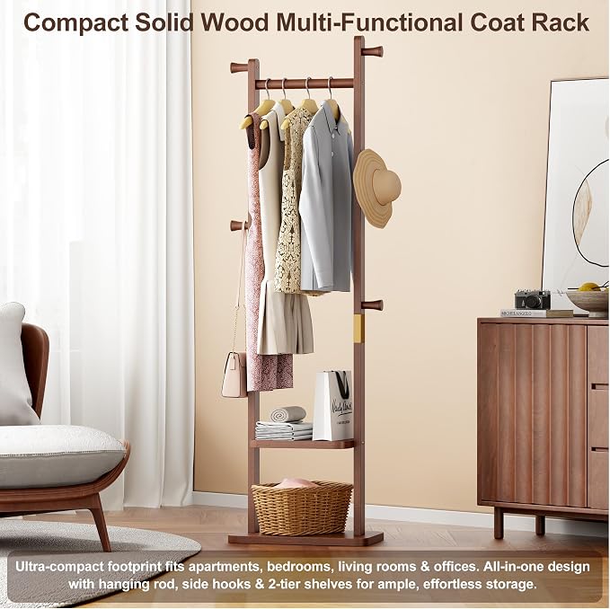 Coat Rack Freestanding, Solid Wood Clothes Rack with 2 Shelves & 5 Hooks for Hanging Clothes Garment Wallets Hats, Heavy Duty Clothes Rack Stand for Hall, Bedroom, Living Room (Walnut brown)