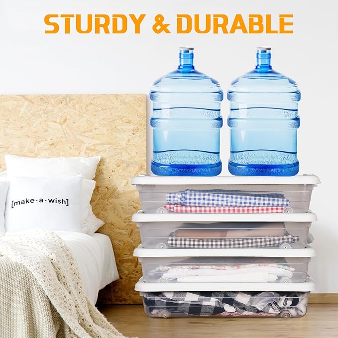 Beeveer 4 Pcs Plastic Under Bed Storage Containers with Lid Wheel Handle, Transparent Large Capacity Stackable Latching Storage Bins for Closet Bedroom Clothes Shoes Blanket(23.7 x 15.8 x 5.2,White)