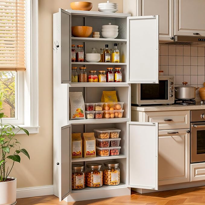 AQY Kitchen Pantry Cabinet,72" White Pantry Cabinet 3-Tier Adjustable Shelves 4 Doors, Freestanding Cupboard with Microwave Stand, Metal Cabinet with Handle for Living Room Kitchen Assembly Required
