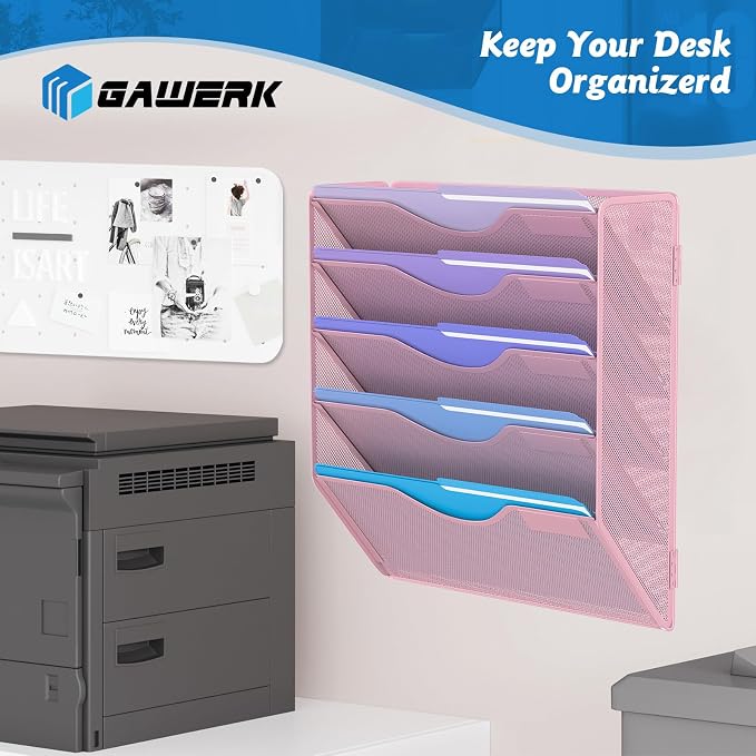 Gawerk 5 Tier Hanging Wall File Organizer, Mesh Mail Paper Orgnization Hanging File Folder Holder for Home Office, Pink