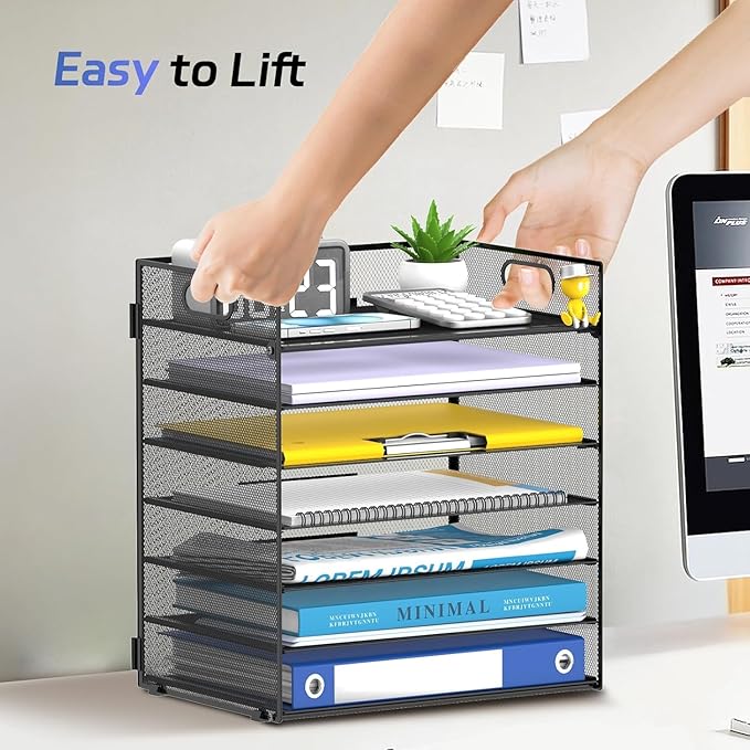 7 Tier Paper Organizer for Desk with Mesh Letter Trays and Handle 2 Pack | 2 Pack Desk File Organizer with Handle for Sorting Papers, Files, Folders, Mail, Bills and Office Supplies