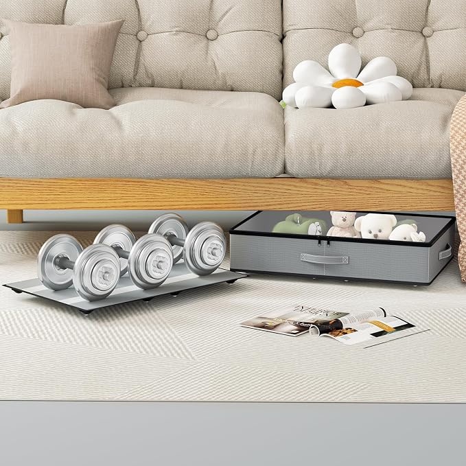 EE-RoomWorld Under Bed Storage with Wheels, No Assemble Required 5.5 inches height grey under bed storage bins,Low Profile Rolling Underbed Shoe Storage containers,dorm underbed storage drawers