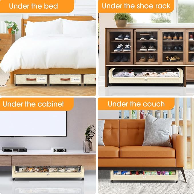SpaceHacks Under Bed Storage with Wheels 3Pack Underbed Storage with Clear Window&Label Under Bed Drawers Large Capacity Rolling Under Bed Storage for Clothes,Shoes, Blankets (Beige)