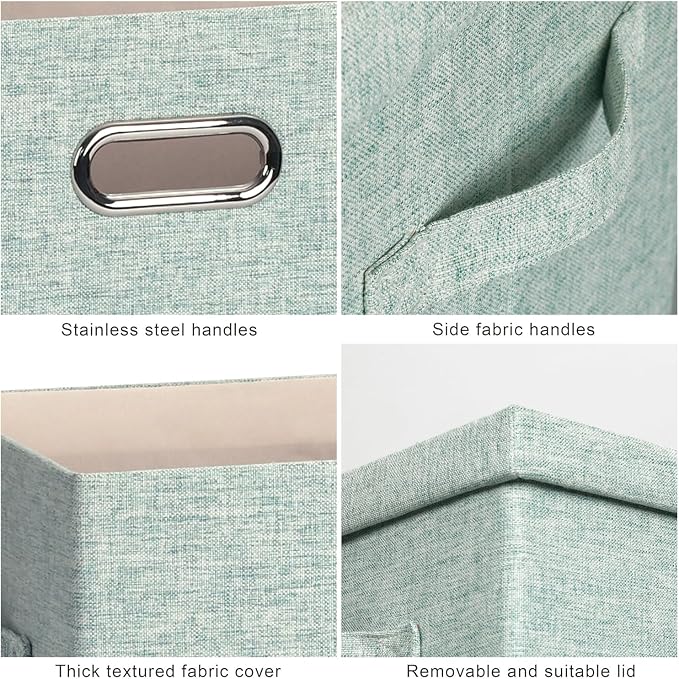 Storage Bins with Lids Fabric Closet Organizers Cubes Office Organization | 36 Quart 3 Pack Light Green Collapsible Stackable Linen Fabric 4 Handles Bedroom Closet Cabinet Under Bed Clothes Toy Office