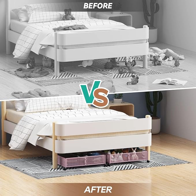 PHINOX Under Bed Storage Container with Wheels,Patterned,Metal,2 Pack,Pink | Tool-free assembly, glide smoothly, easy reach, foldable, maxmazie low-profile beds, dorm, keep seasonal clothes, shoes fresh