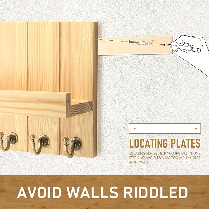 Rebee Vision Key Holder Wall Mount with 5 Hooks for Entryway, Original Wood | 3.54 x 10 x 7.28 Inches, Pine Wood Build, Farmhouse Key Holder for Wall, Mail and Letter Storage, Compact Space-Saving Design