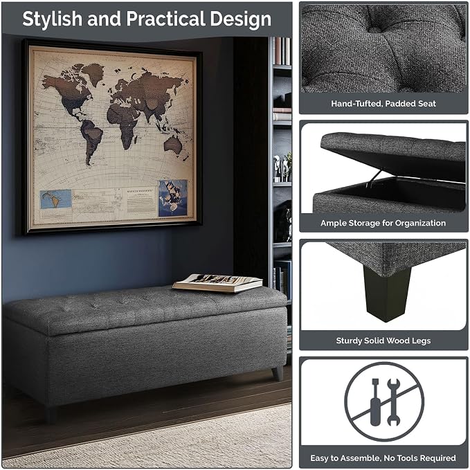 Madison Park 49" Upholstered Storage Bench, Button Tufted End of Bed Bench with Storage, Dual Spring Soft-Close Lid, Bedroom Bench for Queen King Bed, Entryway Living Room, Charcoal