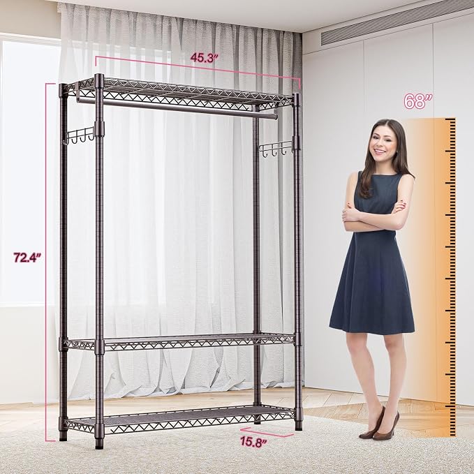 M MZG Heavy Duty Rolling Garment Rack 3 Tiers Adjustable Wire Shelving Clothes Rack with 1 Rods and Side Hooks,Storage Closet Clothing Rack Grey 15.7" D x 45.3" W x 72.4" H